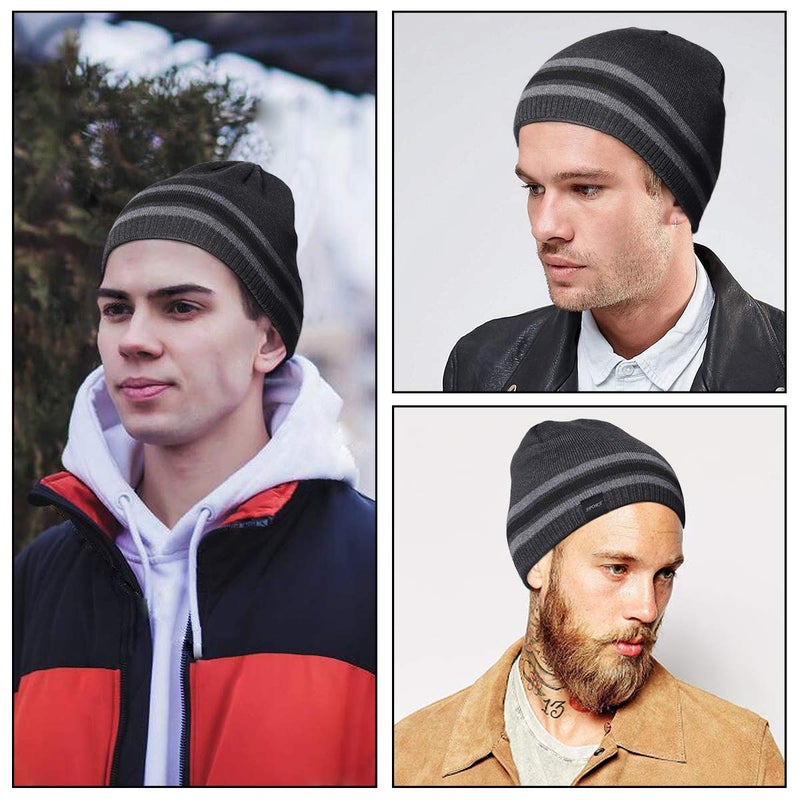 OMECHY Mens Winter Beanie Hat Oversized Warm Knit Fleece Lined Short Beanie Ski Skull Cap Grey - Image 2